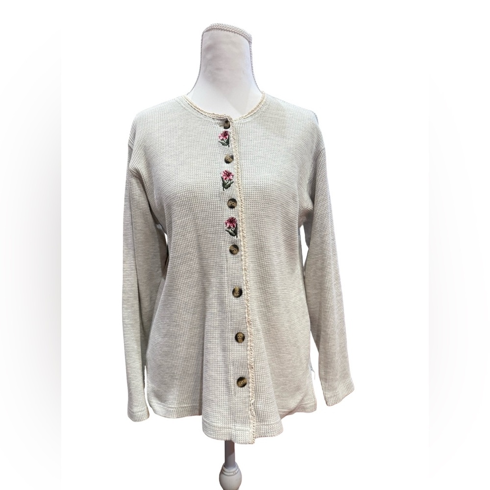 Vintage L.L. Bean Waffle Knit Button Front Top Floral Embroidered Size Large